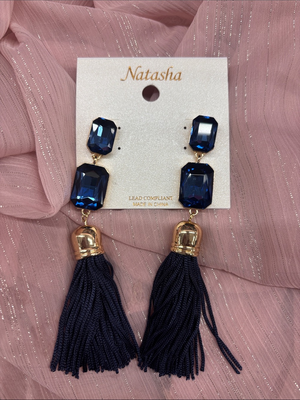 Natasha Couture Dark Blue Crystal & Gold Tassel Earrings